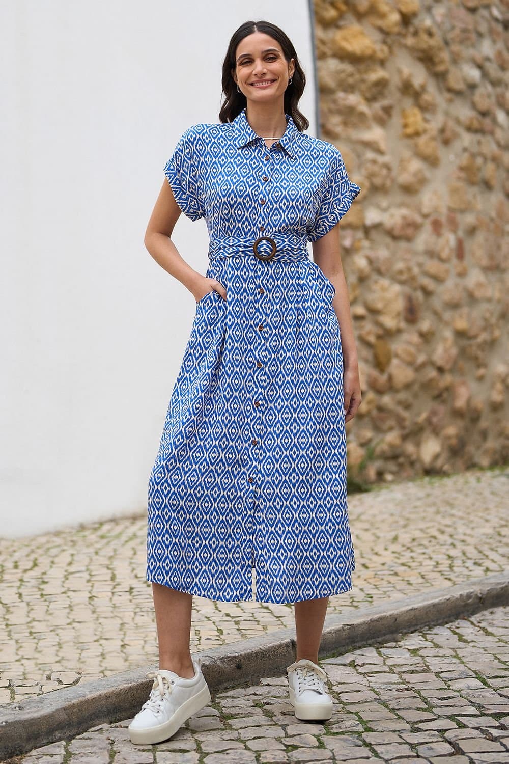 Yumi Yumi Women's Blue Viscose Midi Shirt Dress With Matching Belt