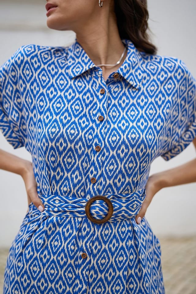 Yumi Yumi Women's Blue Viscose Midi Shirt Dress With Matching Belt - 2