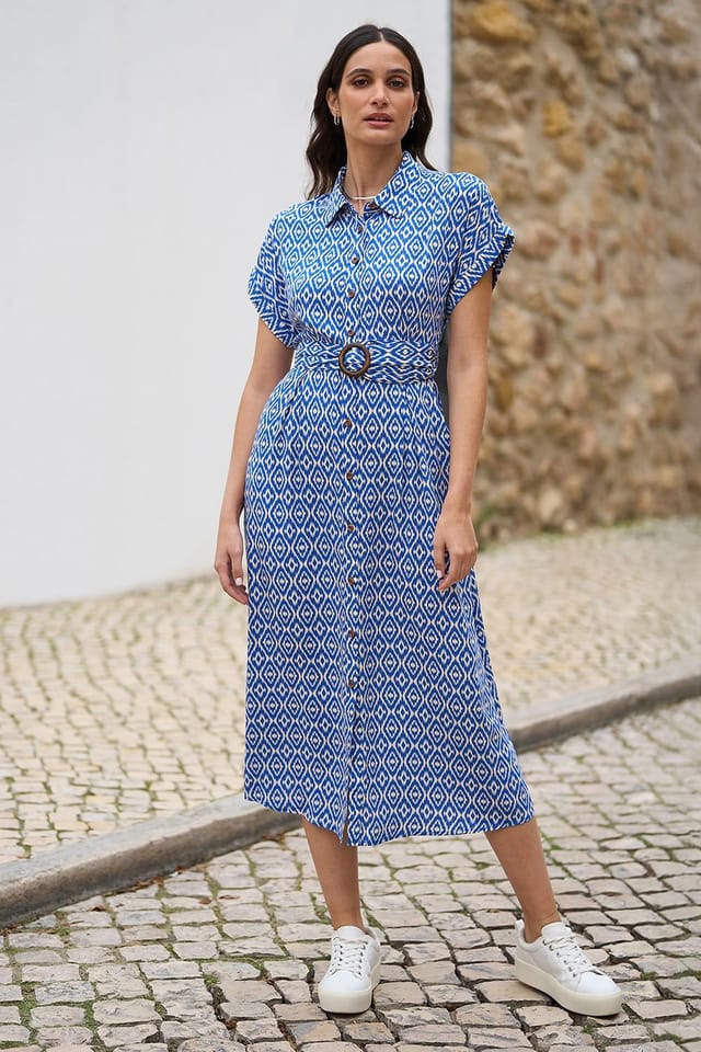 Yumi Yumi Women's Blue Viscose Midi Shirt Dress With Matching Belt - 3