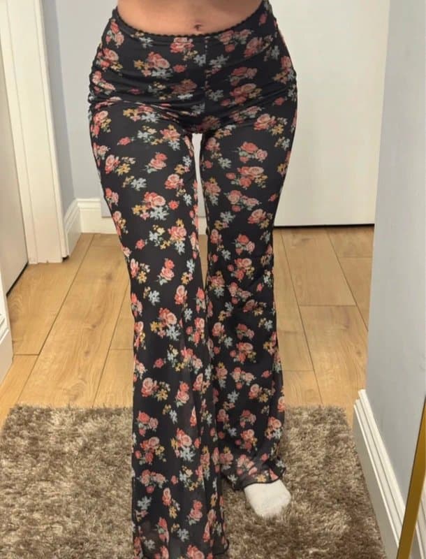 Bershka Y2K Black Floral Mesh Flared Trousers | Sheer Overlay | 34