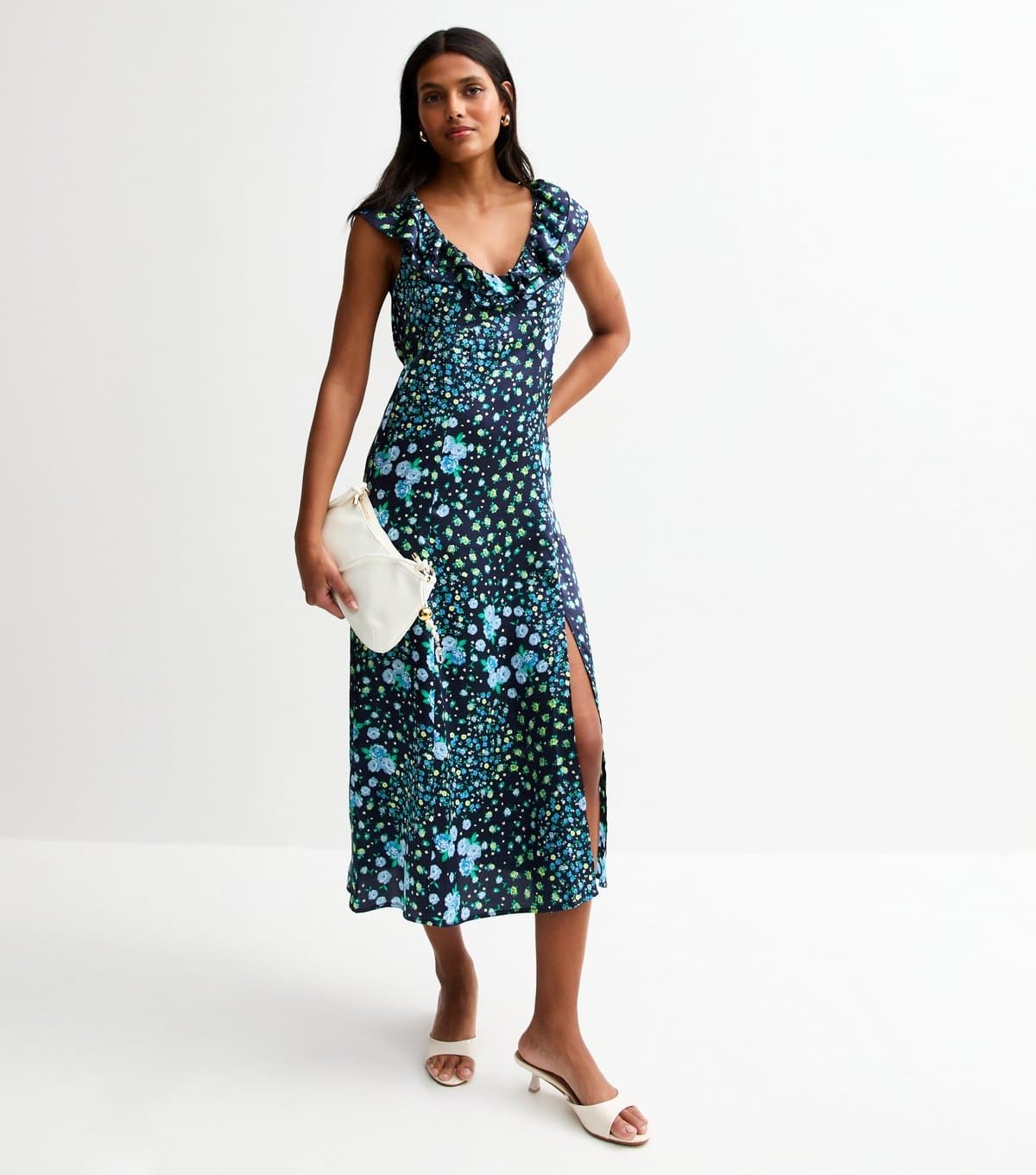 New Look Women's Black Rose Print Slit Hem Midi Dress New Look