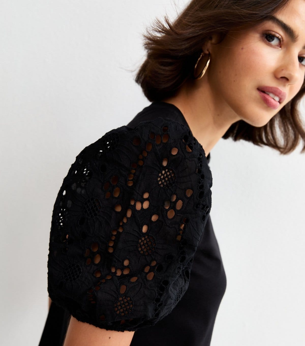 New Look Black Broderie Anglaise Puff Sleeve Top