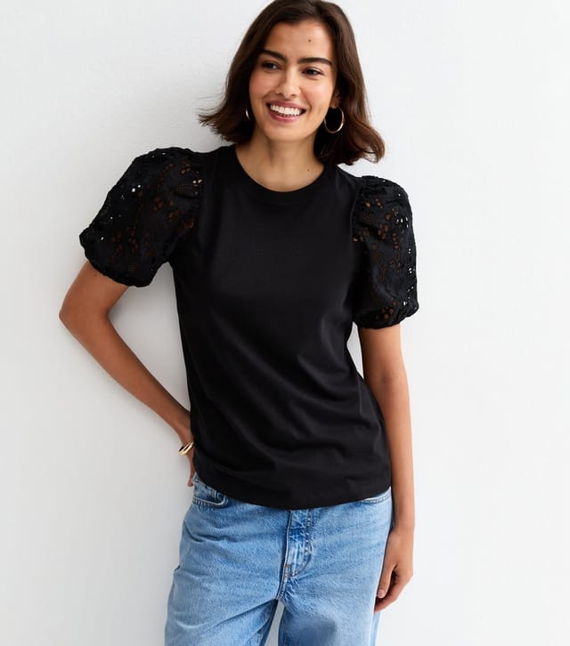 New Look Women's Black Broderie Anglaise Puff Sleeve Top New Look - 2