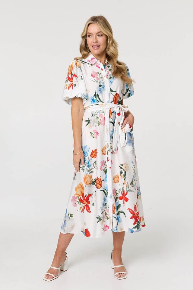 Izabel London Izabel London Women's Floral 1/2 Puff Sleeve Midi Shirt Dress in White - 2