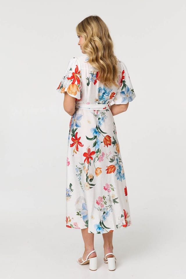 Izabel London Izabel London Women's Floral 1/2 Puff Sleeve Midi Shirt Dress in White - 3