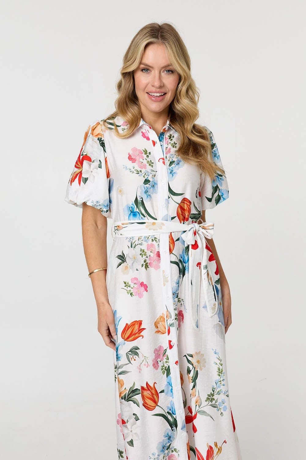 Izabel London Izabel London Women's Floral 1/2 Puff Sleeve Midi Shirt Dress in White - 4