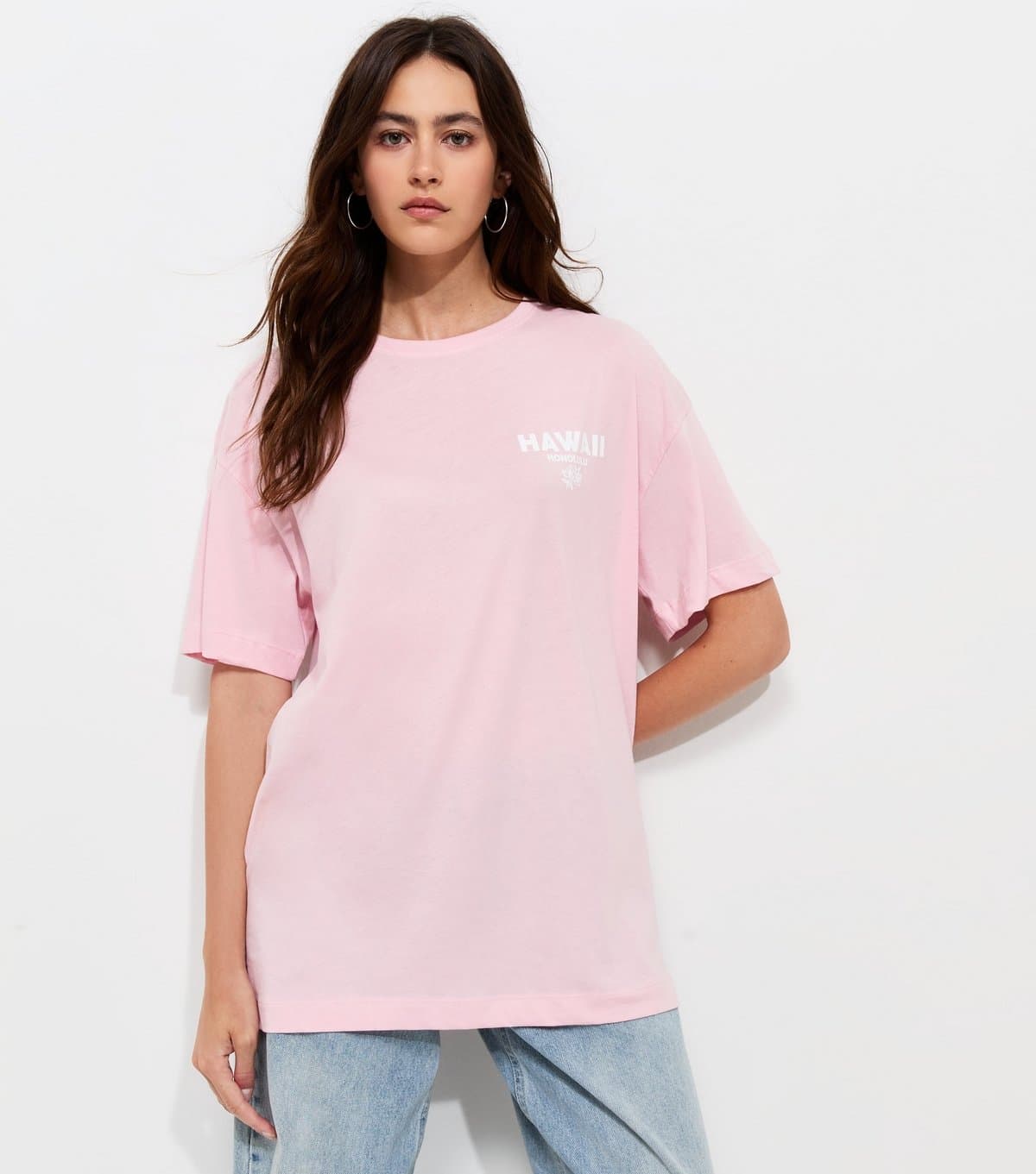 New Look Women's Bright Pink Cotton Hawaii Print Oversized T-Shirt New Look