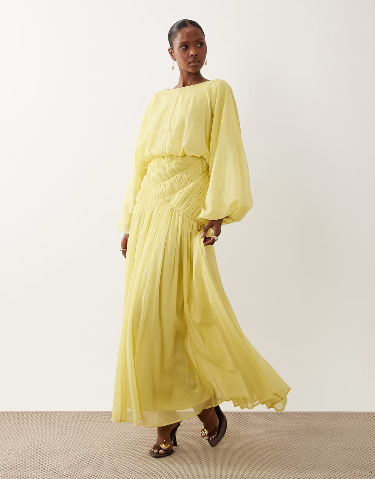 ASOS ASOS DESIGN long sleeve blouson maxi dress with gauged ruched waist detail in lime - 1