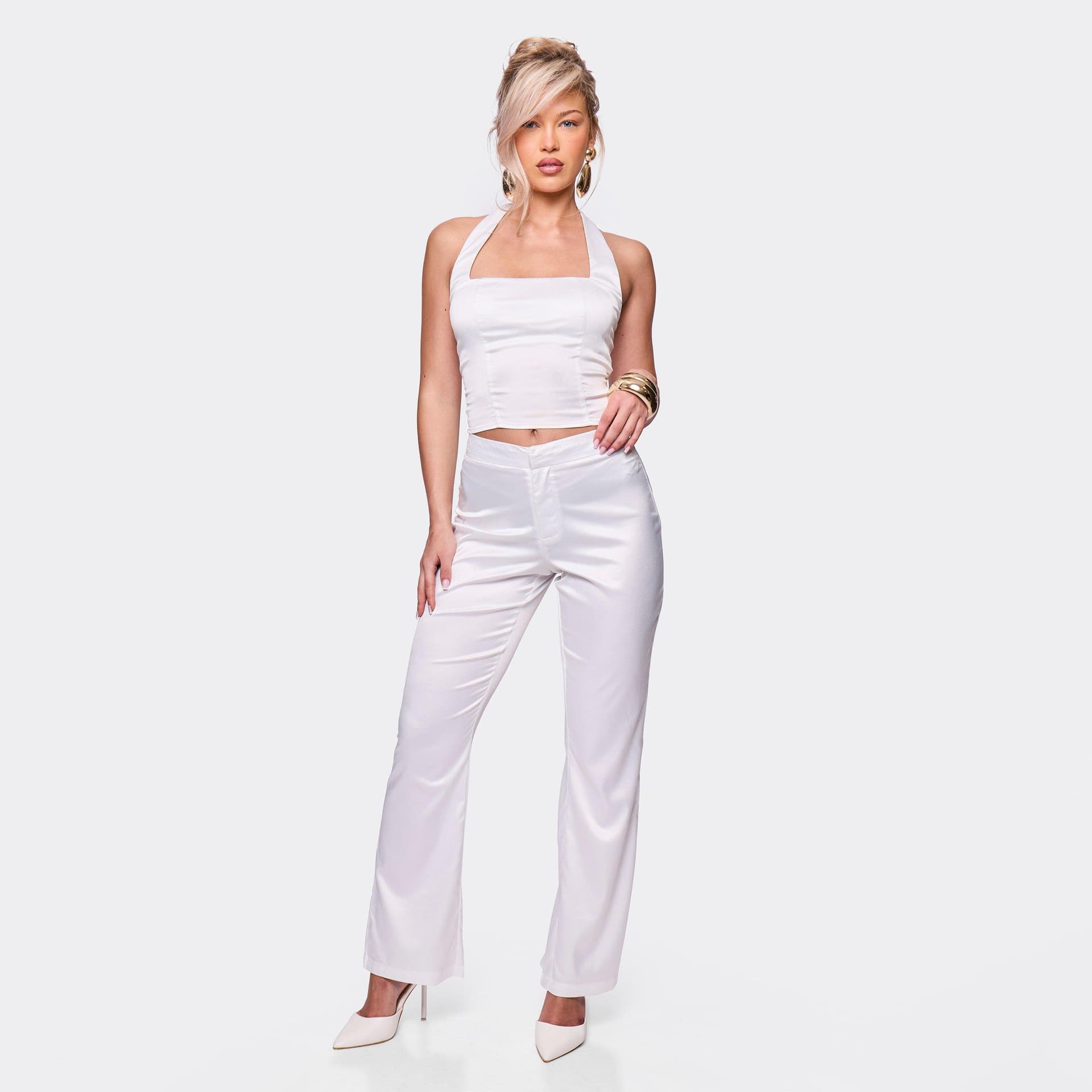 EGO EGO White Satin Straight Leg Tailored Trousers