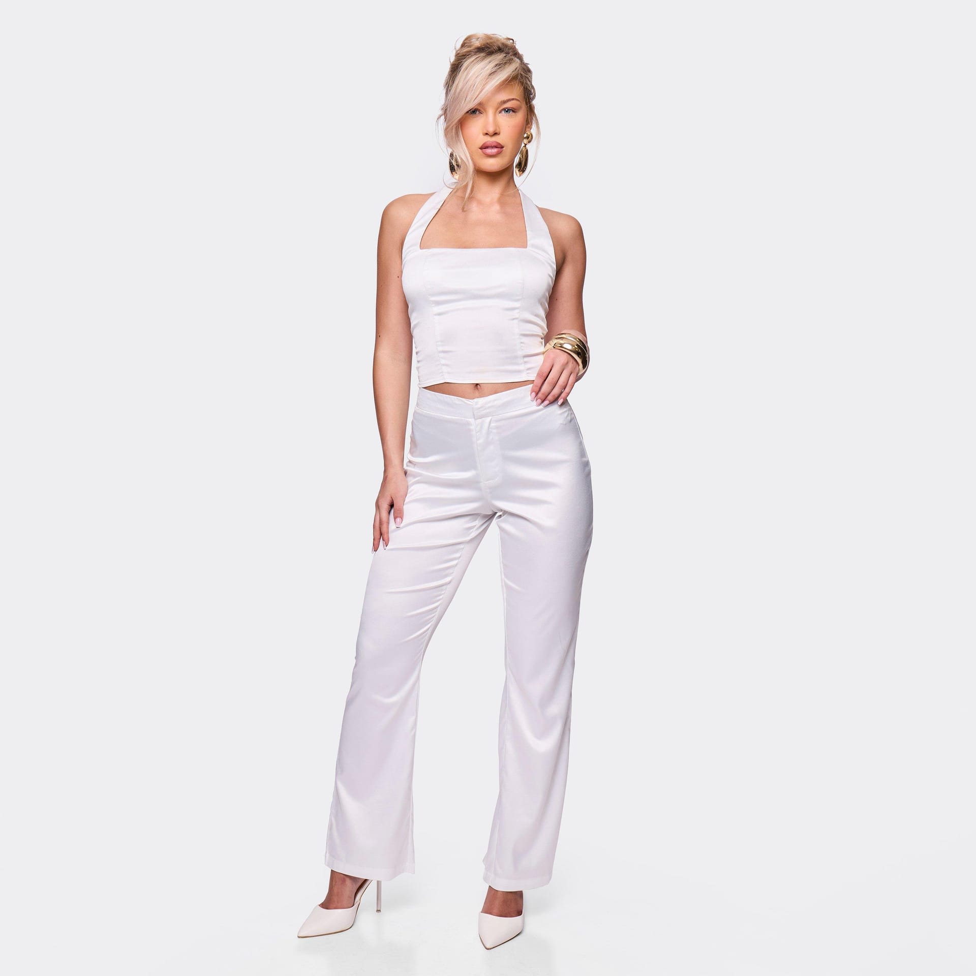 EGO White Satin Straight Leg Tailored Trousers