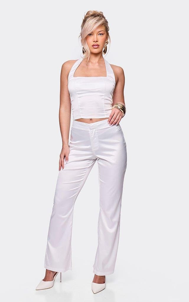 EGO Straight Leg Tailored Trousers In White Satin, Women's Size UK 6 - 2