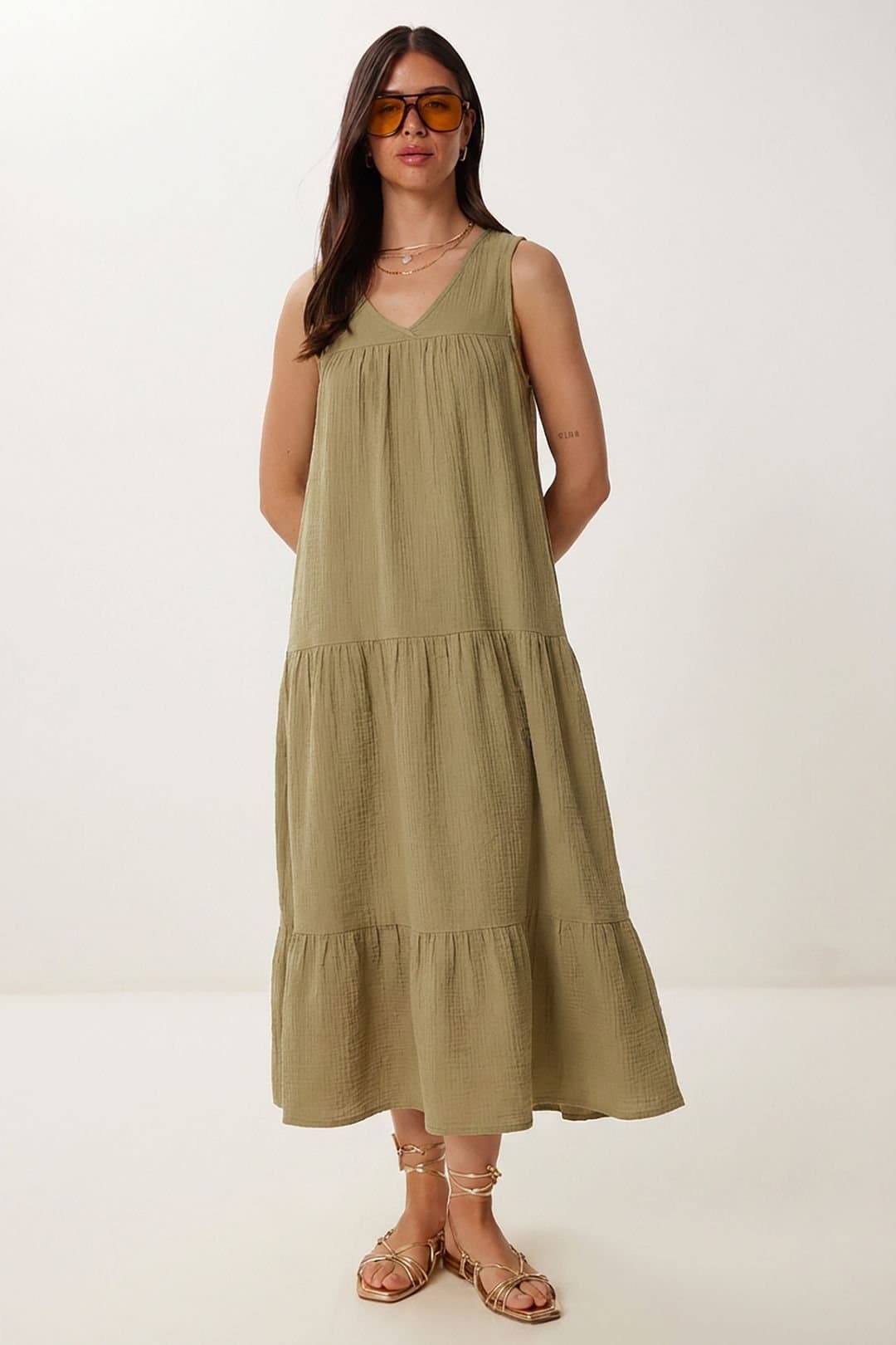 Happiness Istanbul Happiness Istanbul Women's Frilly V-Neck Midi Dress in Olive