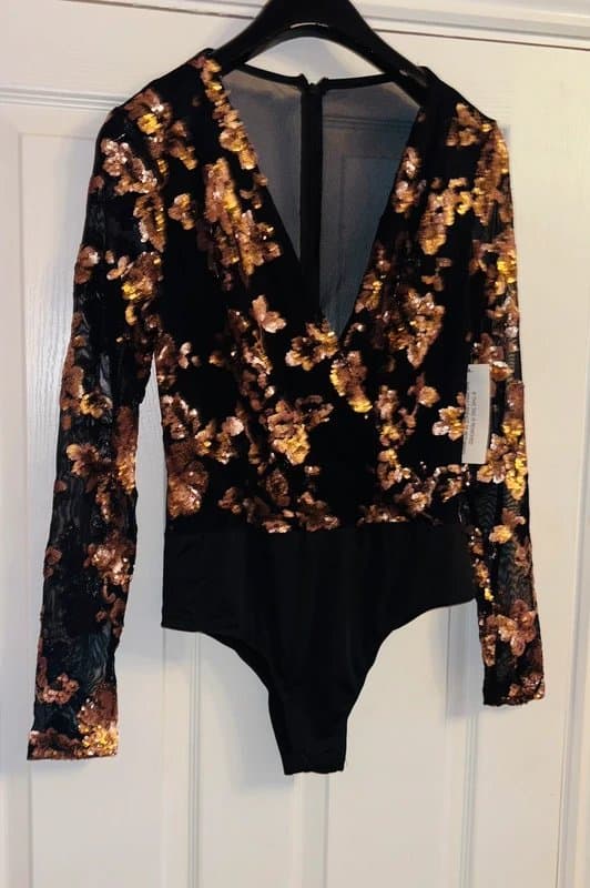 Girl in Mind Girl in mind rose gold plunge sequin bodysuit wedding party holiday festival 12same day post