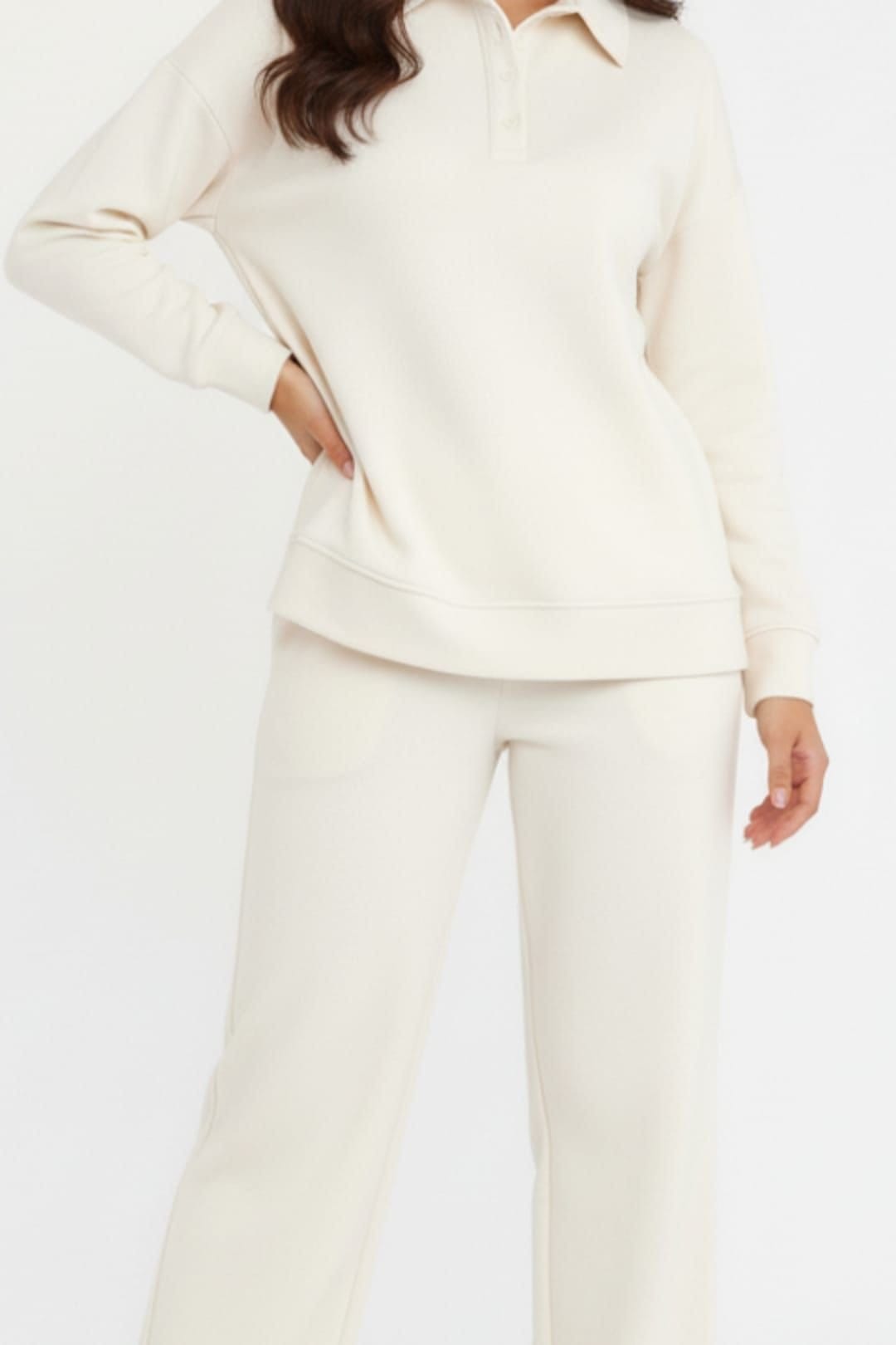 STYLEWISE STYLEWISE Women's Rugby Top & Straight Leg Trouser Co-ord Set - Interlock - Two Piece in Cream - 4