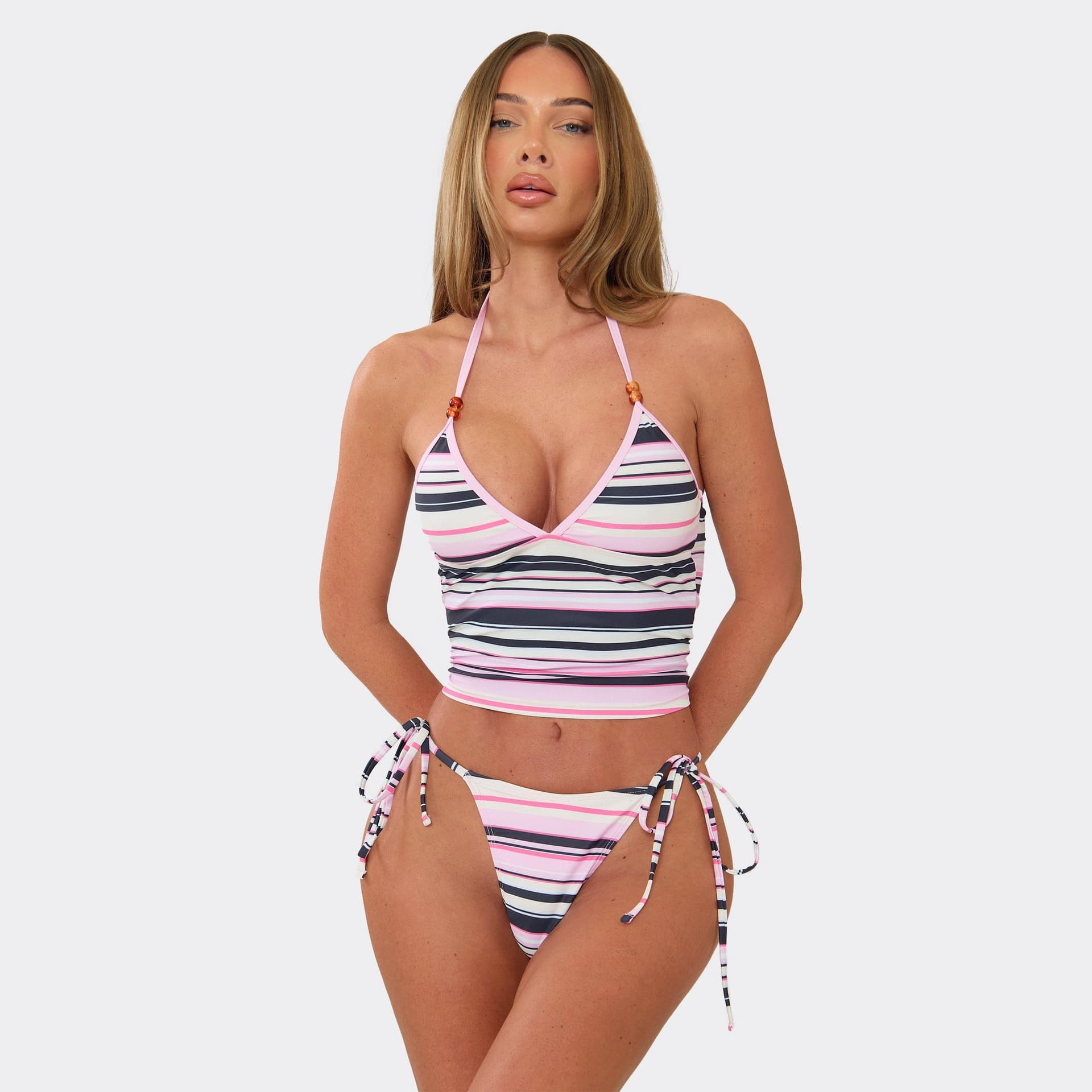 EGO Halterneck Beaded Detail Tie Side Tankini Set In Pink Multi Stripe, Women's Size UK 6