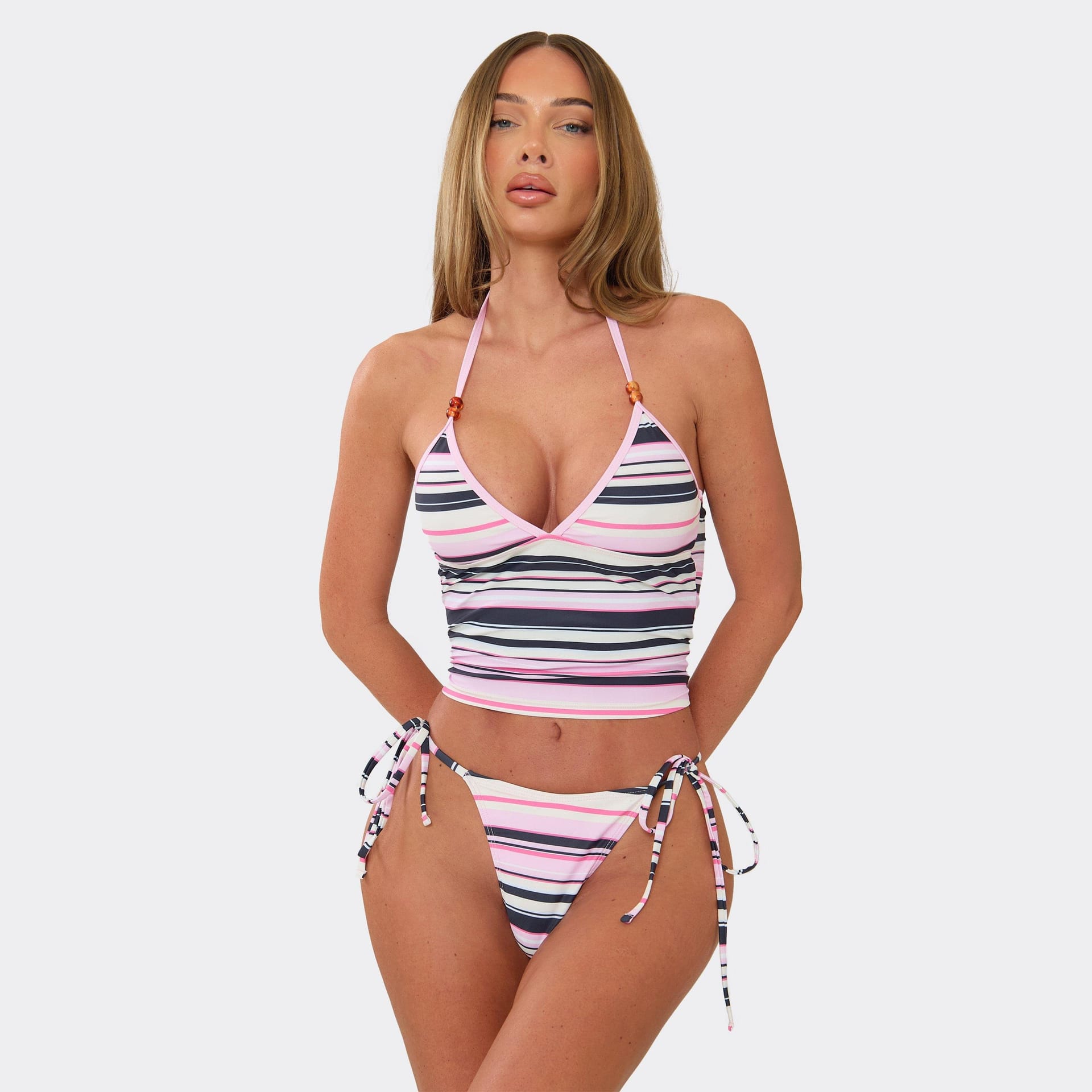 EGO Pink Multi Stripe Halterneck Beaded Detail Bikini Set