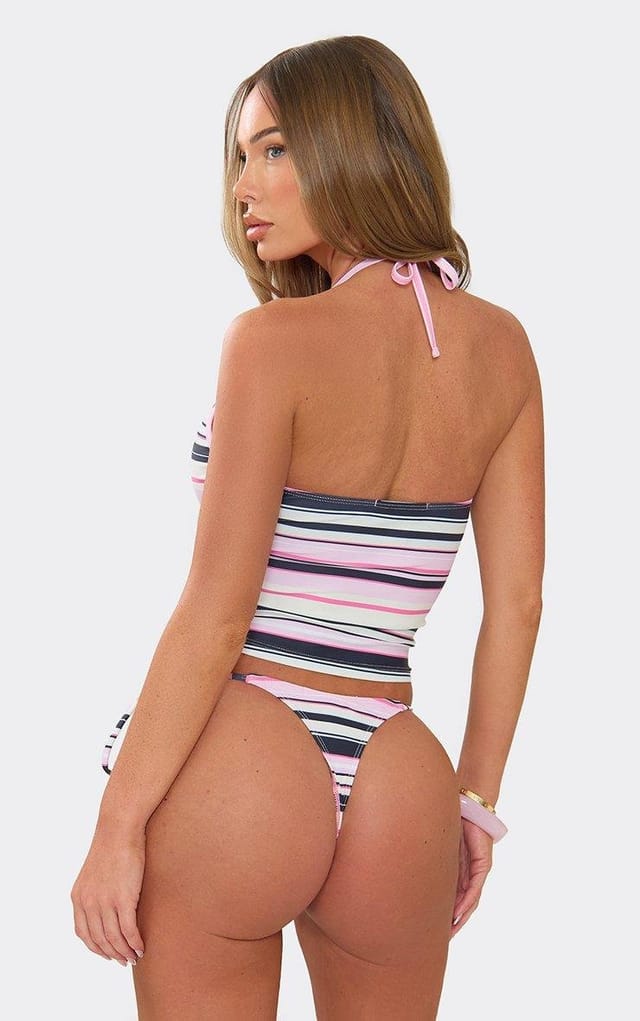 EGO Halterneck Beaded Detail Tie Side Tankini Set In Pink Multi Stripe, Women's Size UK 6 - 2