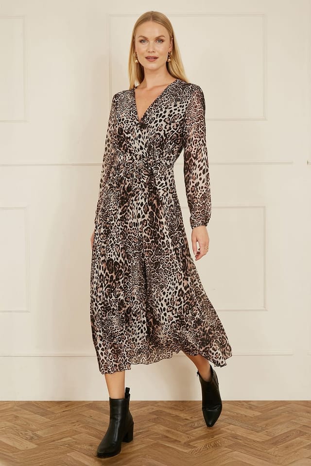 Yumi Yumi Women's Brown Leopard Print Pleated Long Sleeve Wrap Midi Dress - 2