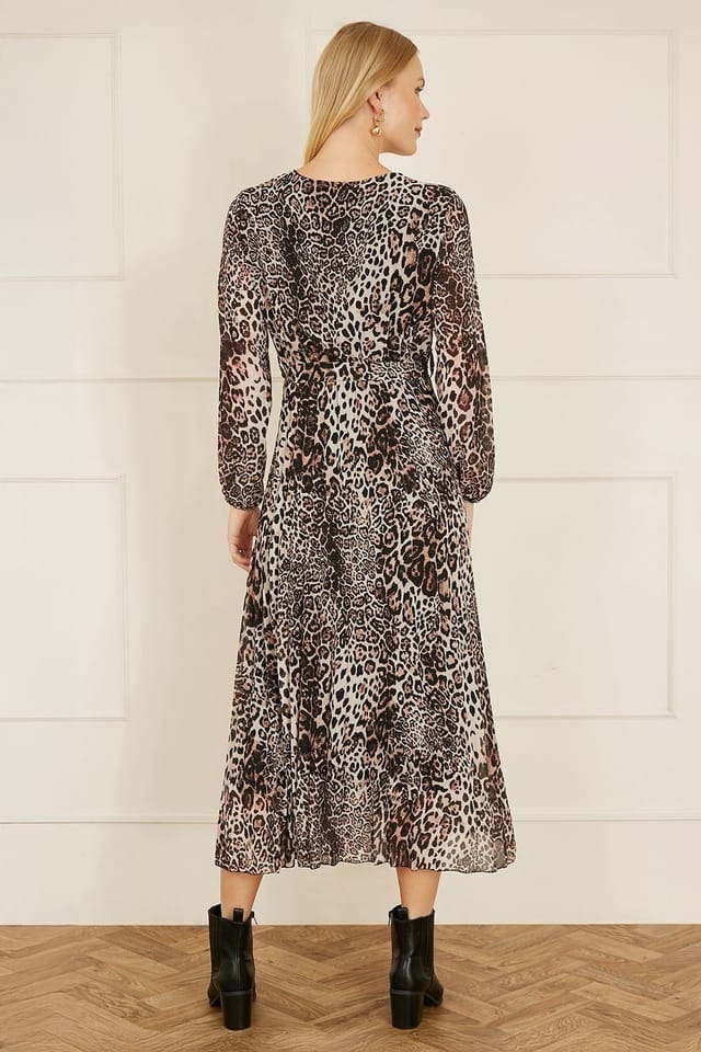 Yumi Yumi Women's Brown Leopard Print Pleated Long Sleeve Wrap Midi Dress - 3