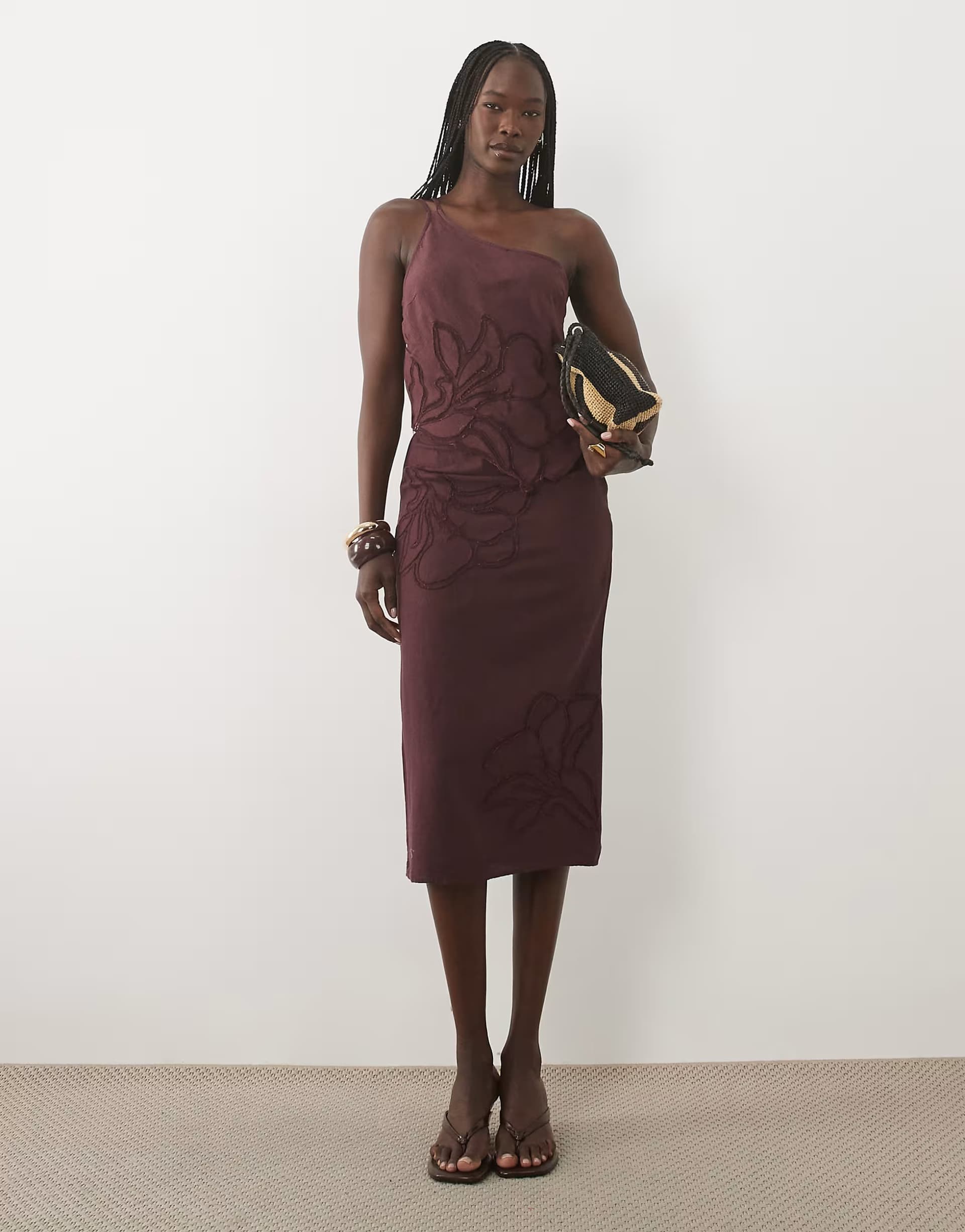 ASOS Mango Alfred cotton rich one shoulder embroidered top & midi skirt co-ord in deep red