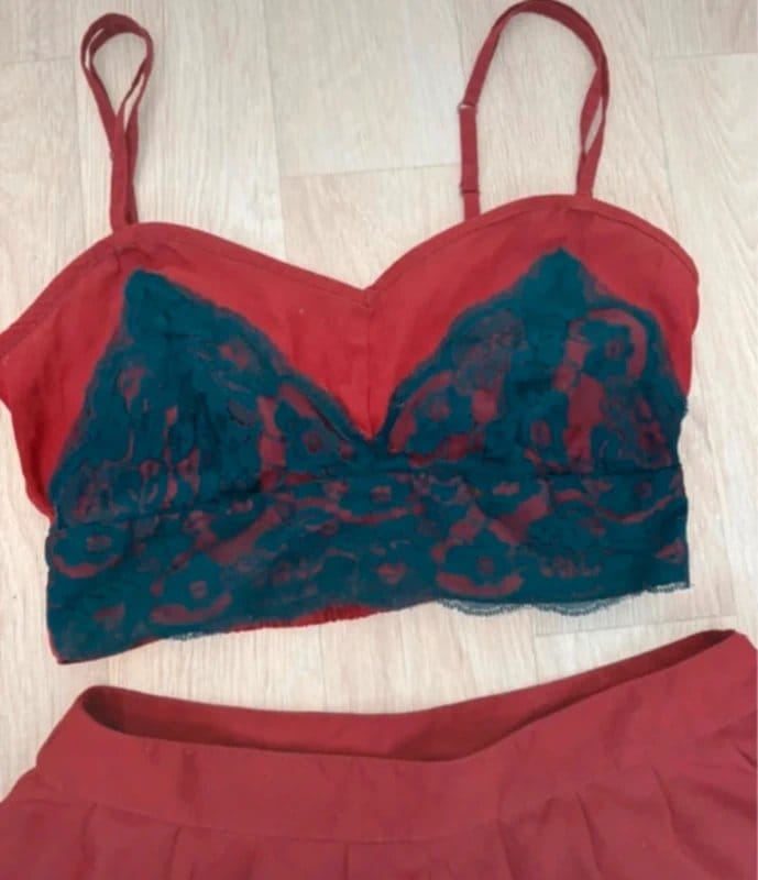 Topshop Topshop Burgundy Lace Co-Ord Set UK 6 Lace Bralette Crop Top & High Waist Shorts Y2K Festival Outfit - 1