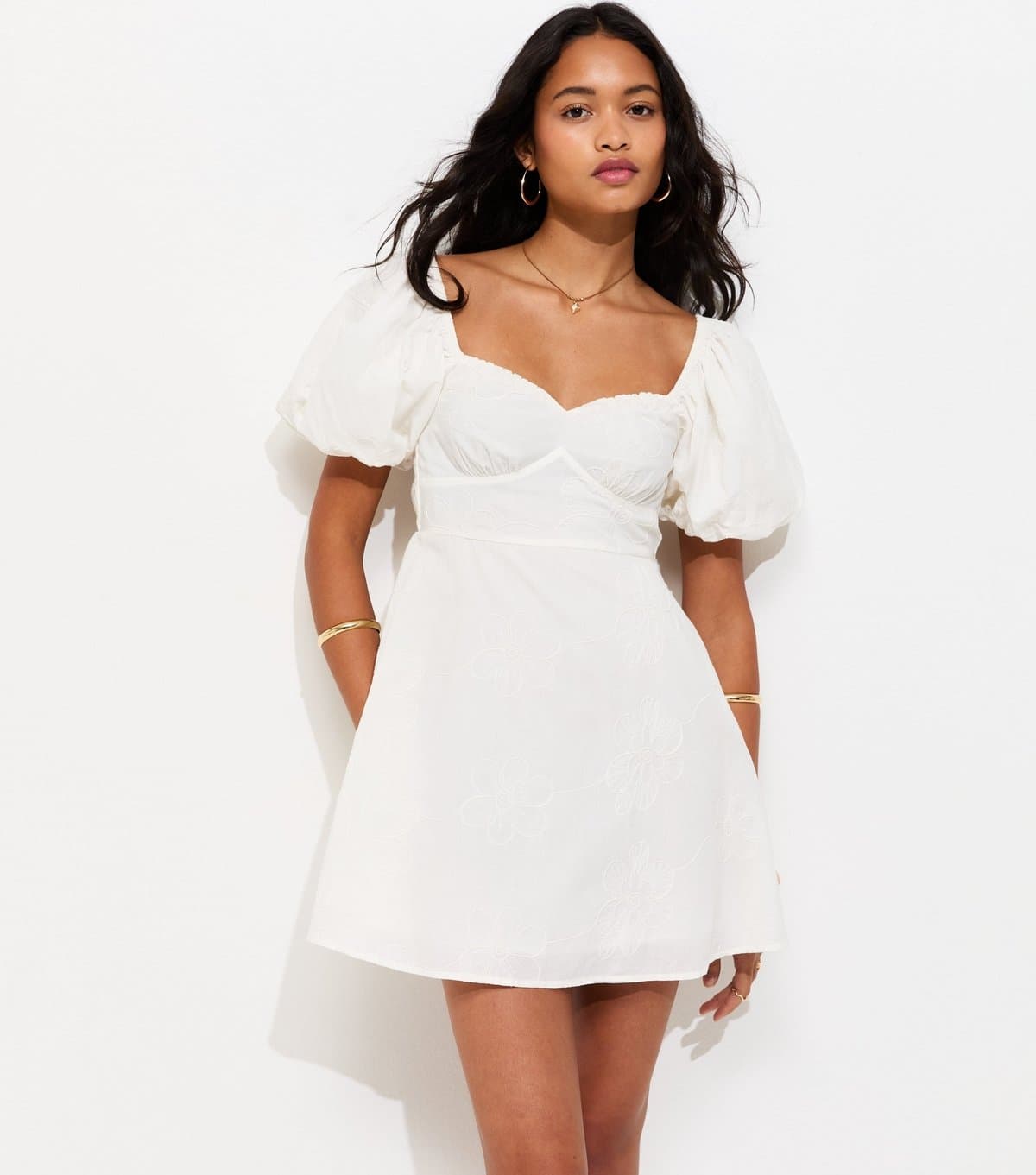 New Look Women's White Floral Puff Sleeve Mini Dress New Look