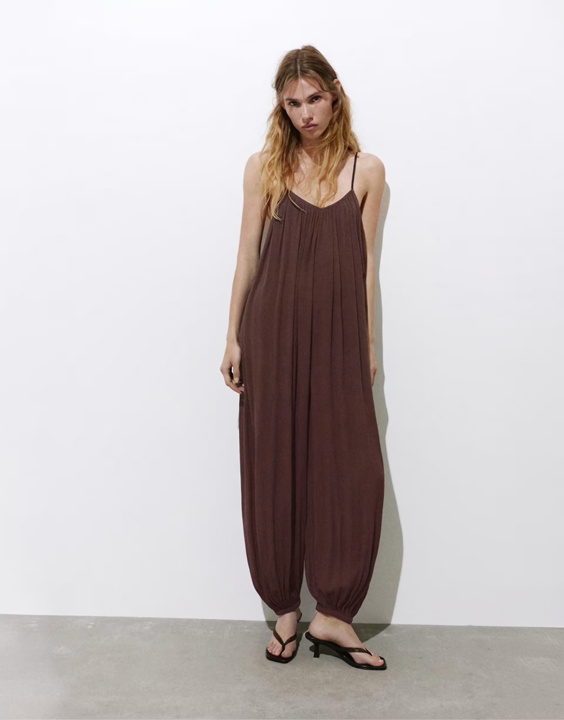 ASOS Pull&Bear Flowing strappy sarouel jumpsuit in brown