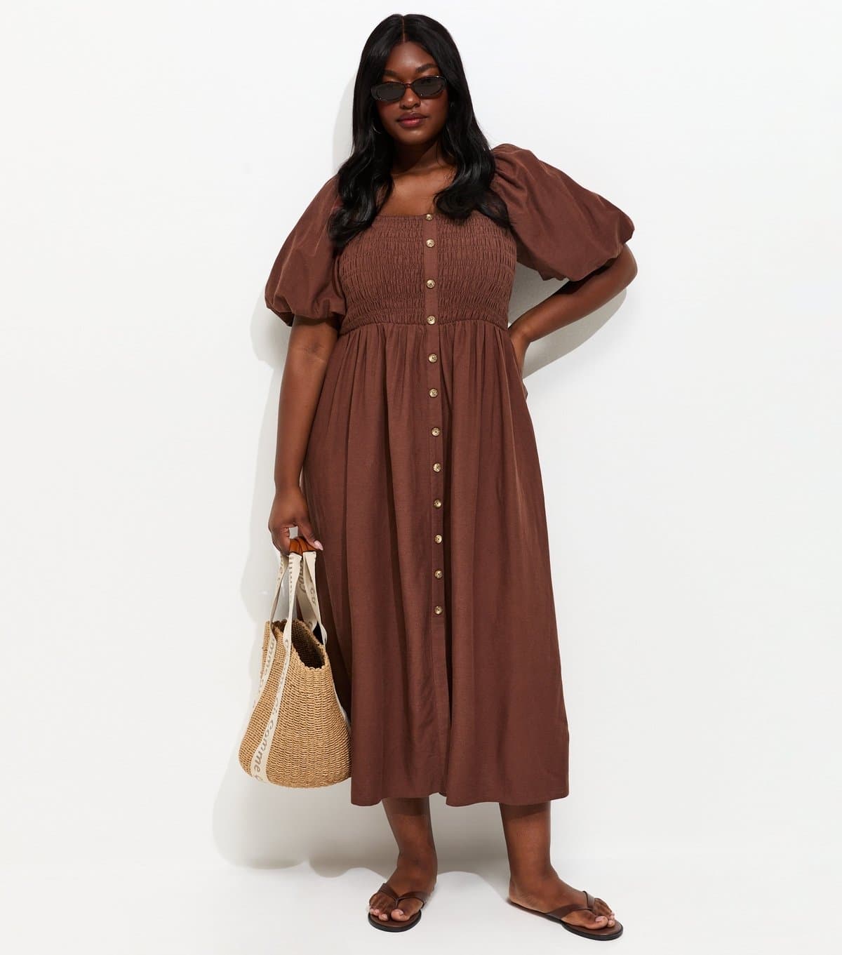 New Look Women's Plus Size Dark Brown Button Front Milkmaid Midi Dress Curves New Look