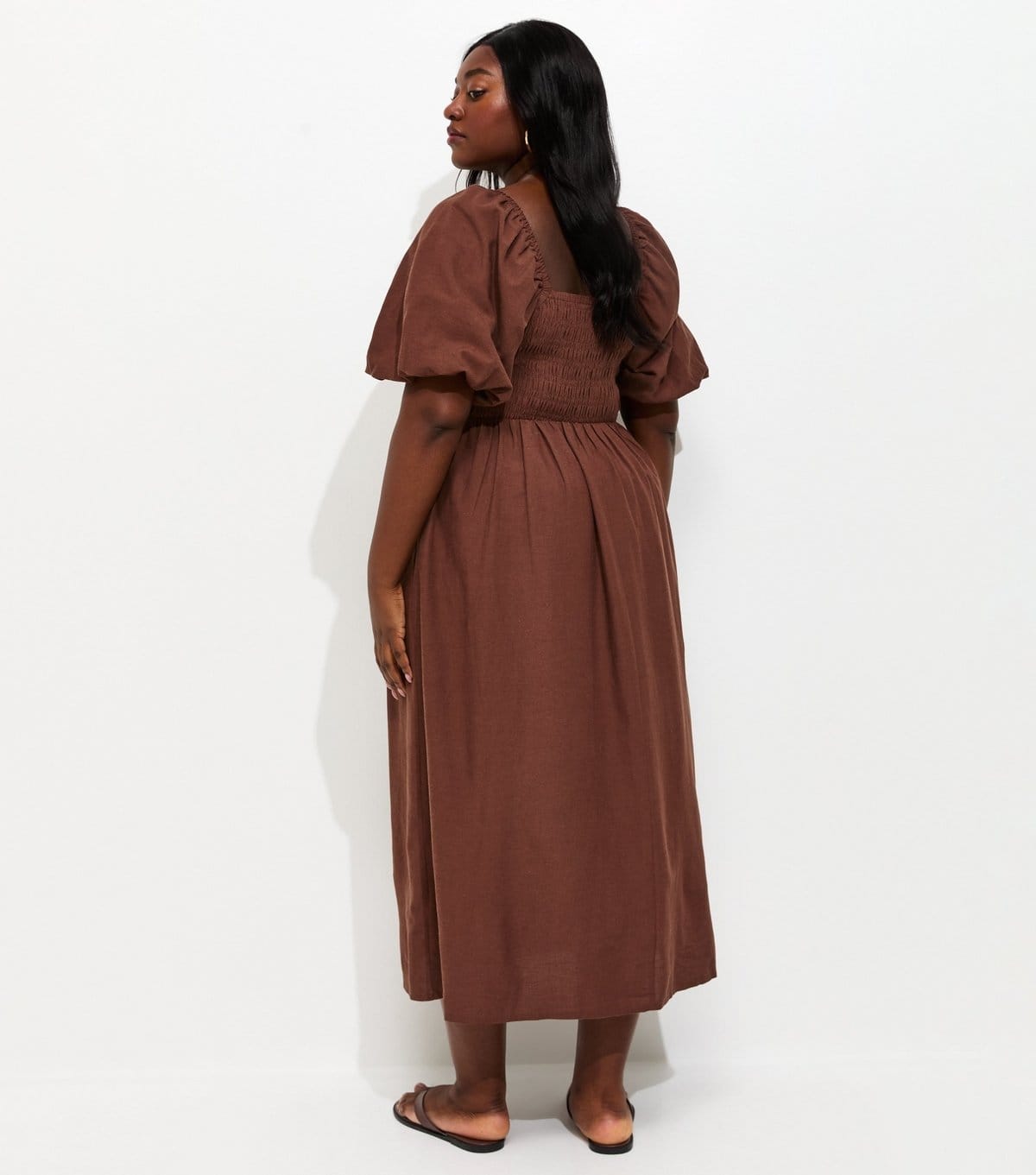 New Look Women's Plus Size Dark Brown Button Front Milkmaid Midi Dress Curves New Look - 4