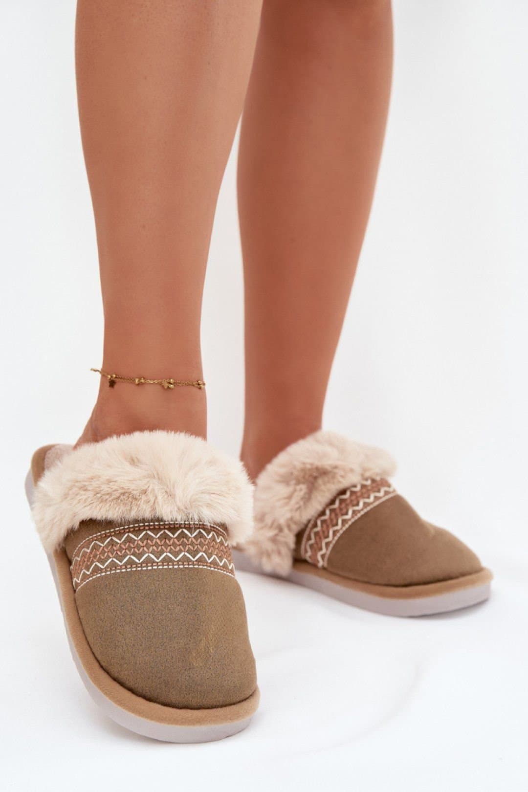 Love Lace Love Lace Women's Cozy Soft Fabric Slippers with Faux Fur & Embroidery Warm in Khaki