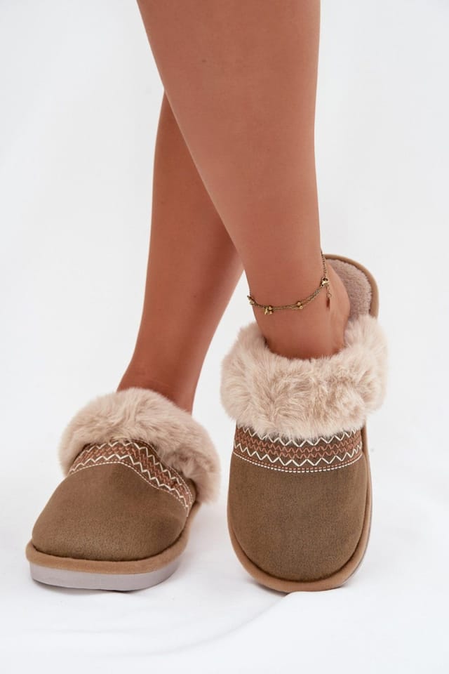 Love Lace Love Lace Women's Cozy Soft Fabric Slippers with Faux Fur & Embroidery Warm in Khaki - 3
