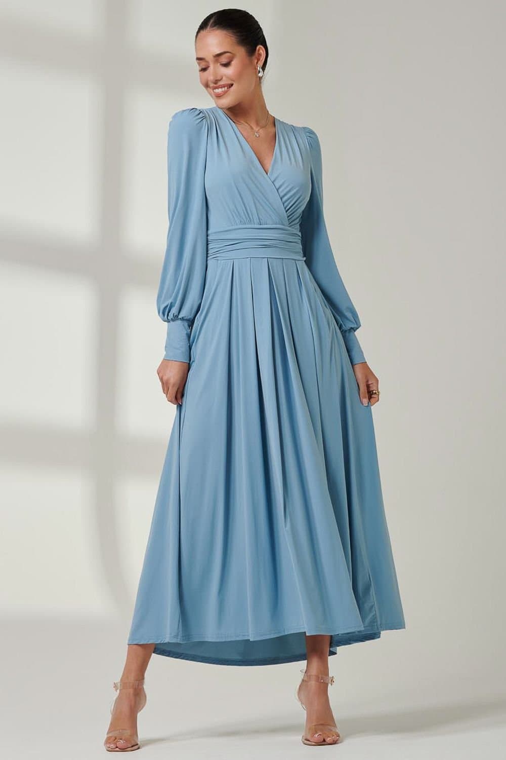 Jolie Moi Jolie Moi Women's Long Sleeve Super Soft Jersey Maxi Dress in Baby Blue