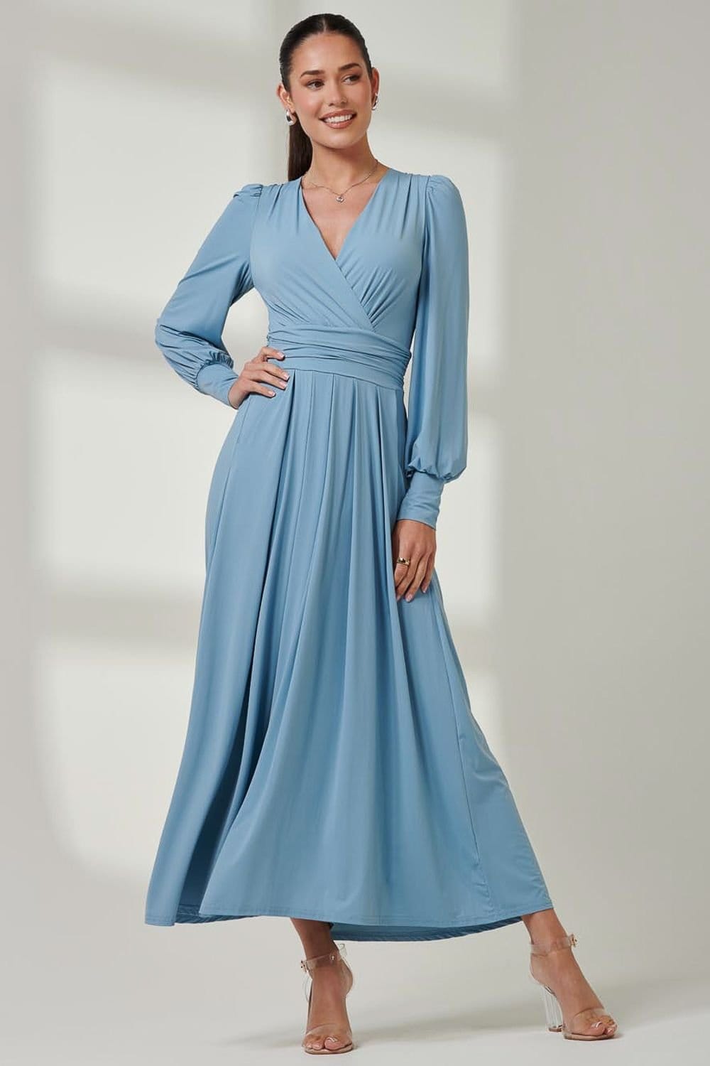 Jolie Moi Jolie Moi Women's Long Sleeve Super Soft Jersey Maxi Dress in Baby Blue - 4