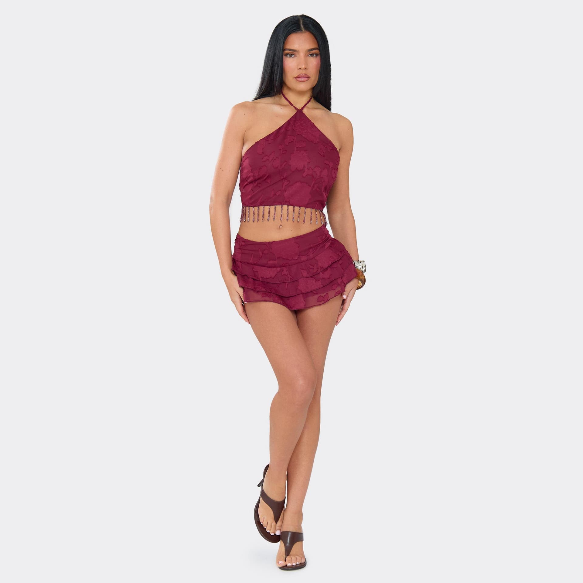 EGO Low Rise Layered Frill Mini Shorts In Wine, Women's Size UK 6