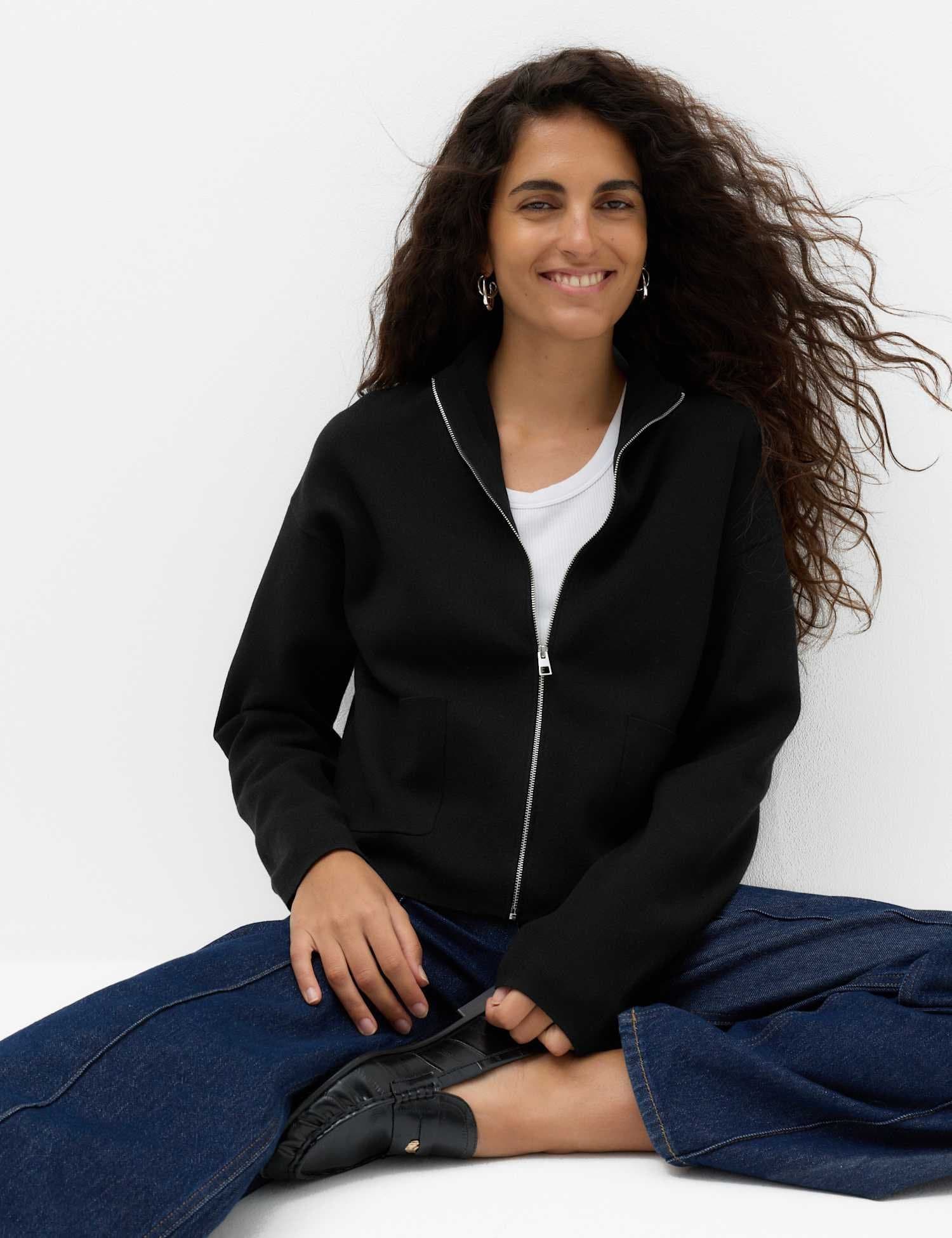 Marks & Spencer M&S Rayon Rich Funnel Neck Zip Up Pocket Detail Knitted Jacket Black