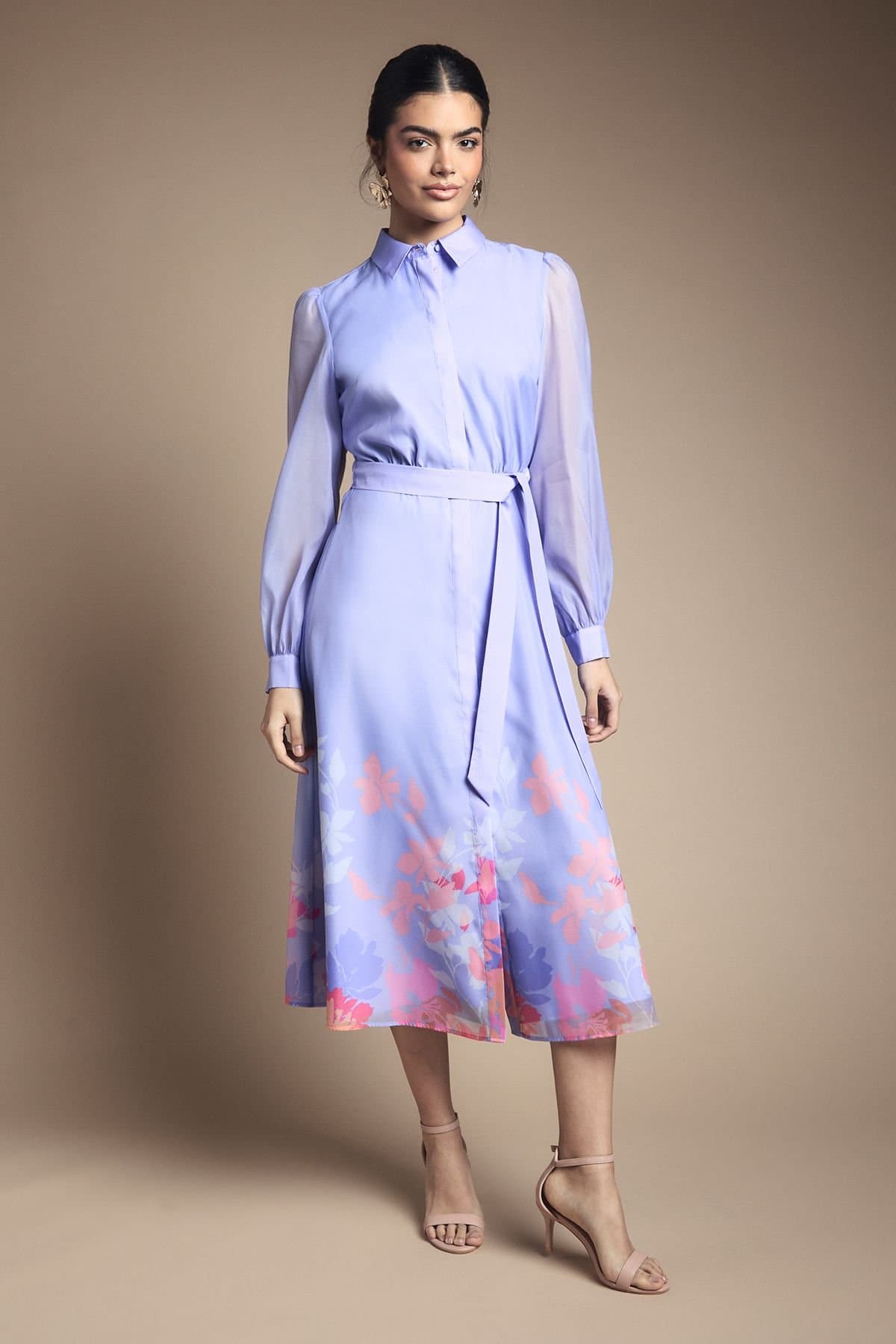 Wallis Wallis Women's Floral Organza Belted Shirt Dress in Blue
