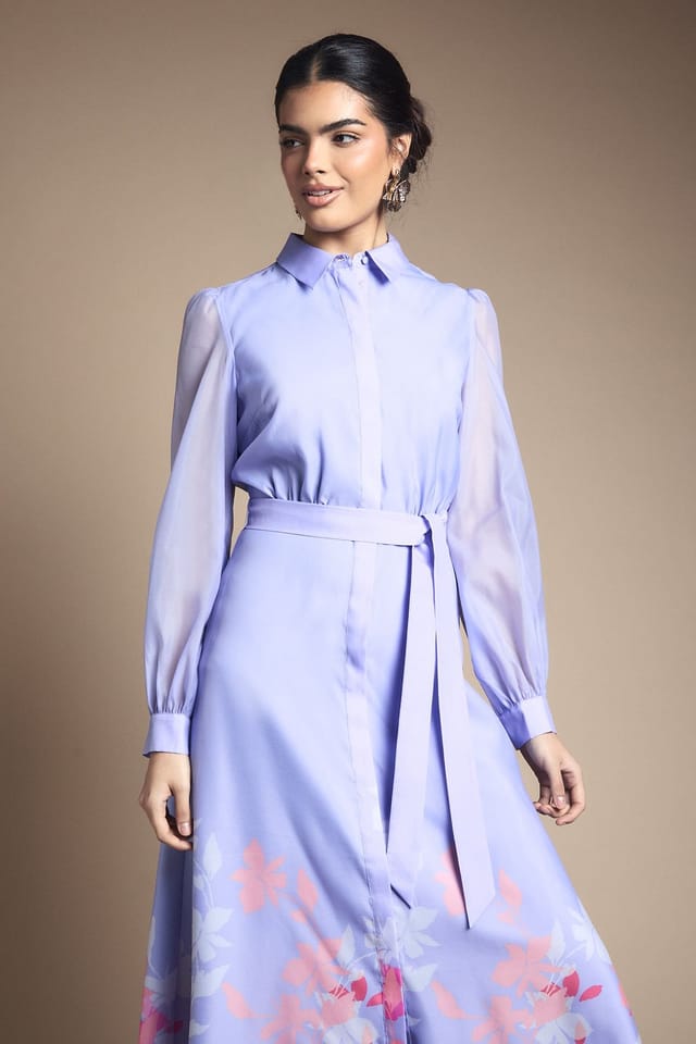 Wallis Wallis Women's Floral Organza Belted Shirt Dress in Blue - 2