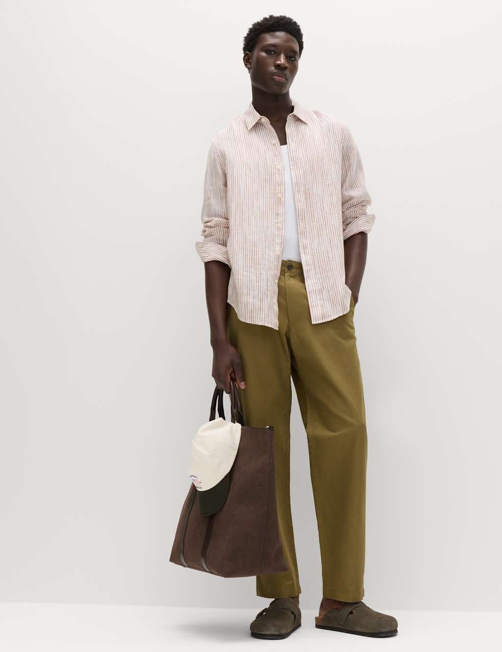 Marks & Spencer M&S Olive Linen Blend Regular Fit Chinos