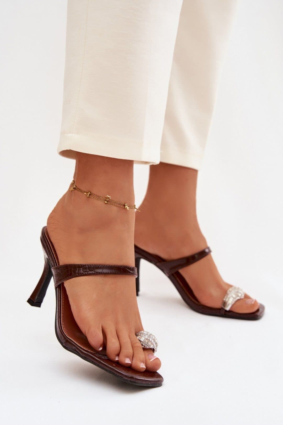 Love Lace Love Lace Women's Elegant Heeled Sandals with Stiletto Heel & Jeweled Toe in Brown