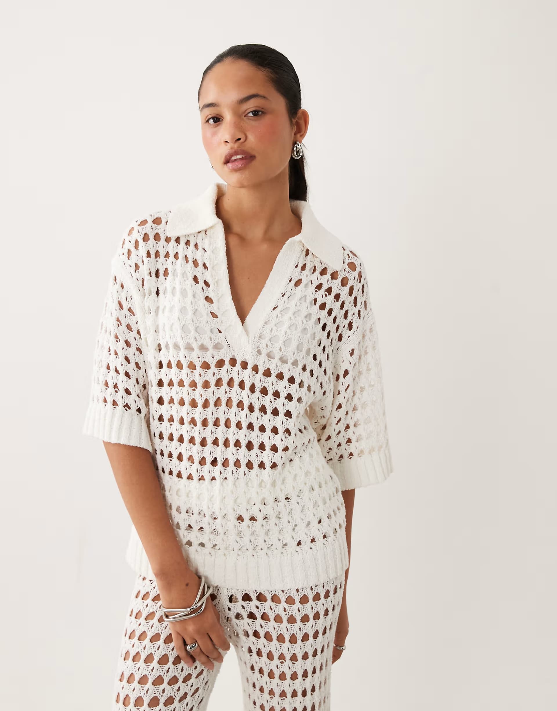 ASOS ASOS DESIGN crochet collared short sleeve top co-ord in cream