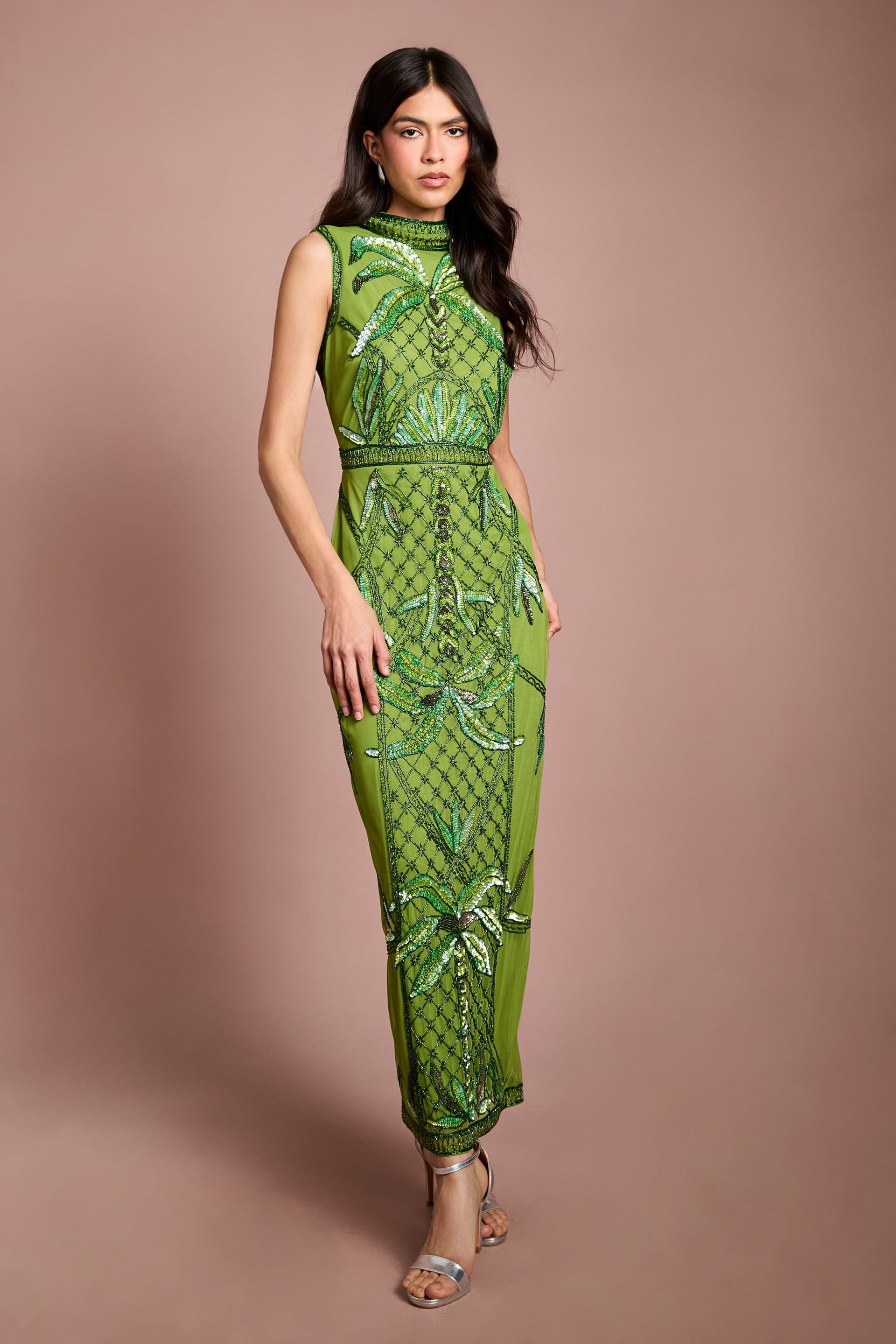 Coast Coast Women's Muse Palm Tree Embellished Midi Dress in Green