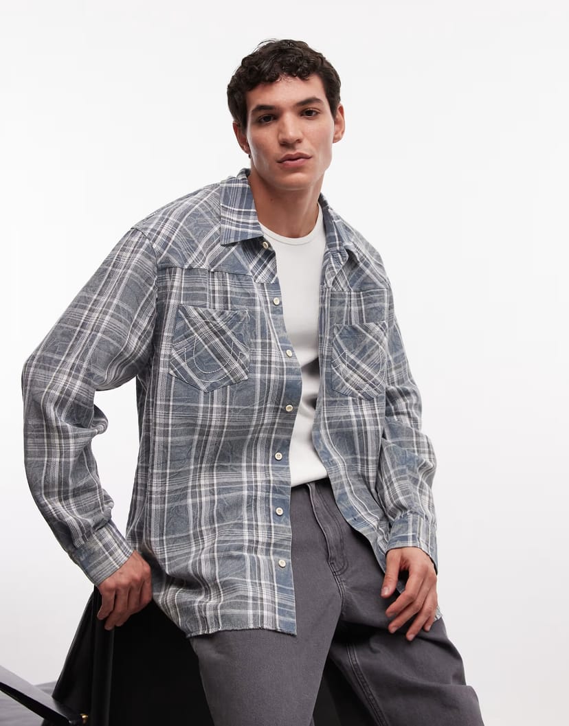 ASOS True Religion distressed bleached long sleeve flannel shirt in check - 1