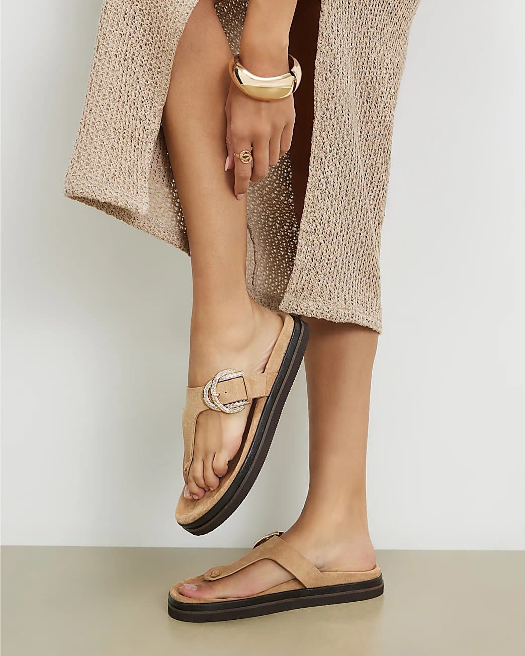 River Island River Island Womens Beige Buckle Toe Thong Sandals