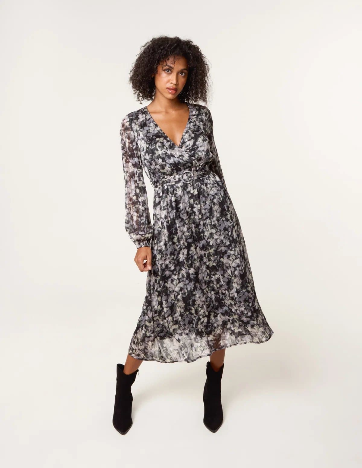 Blue Vanilla Printed Metallic Buckle Belted Midi Dress