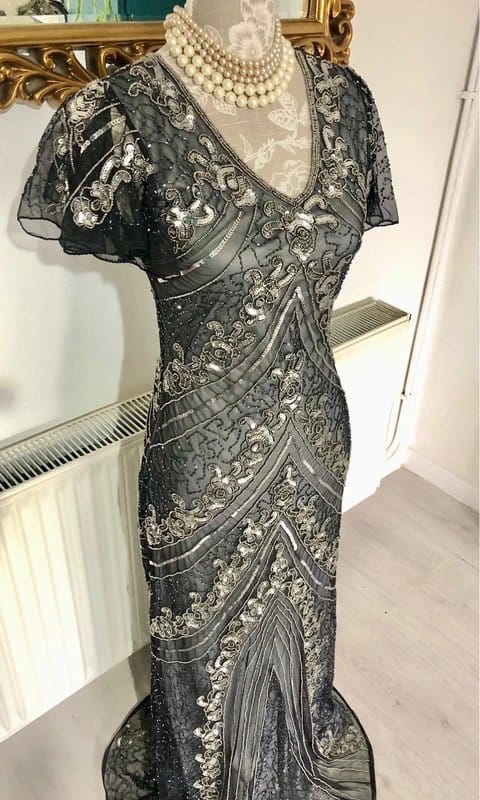 Silver Black Vintage Beaded Sequins Embellished Gatsby Dress