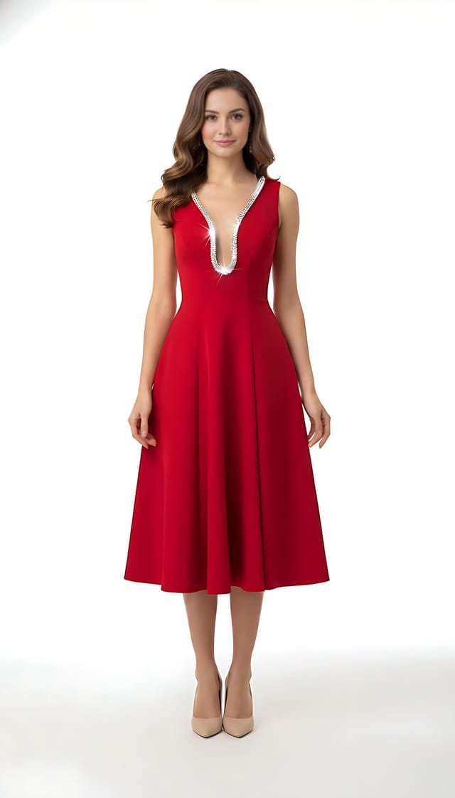 AVINCI AVINCI Women's Red Embellished Deep V Flare Dress - Luxe Midi Edition - 2