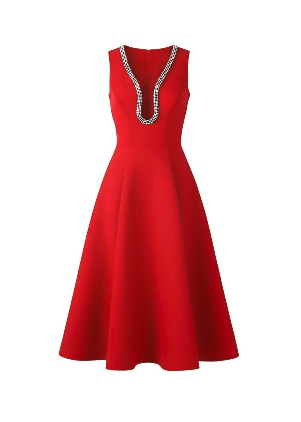 AVINCI AVINCI Women's Red Embellished Deep V Flare Dress - Luxe Midi Edition - 4