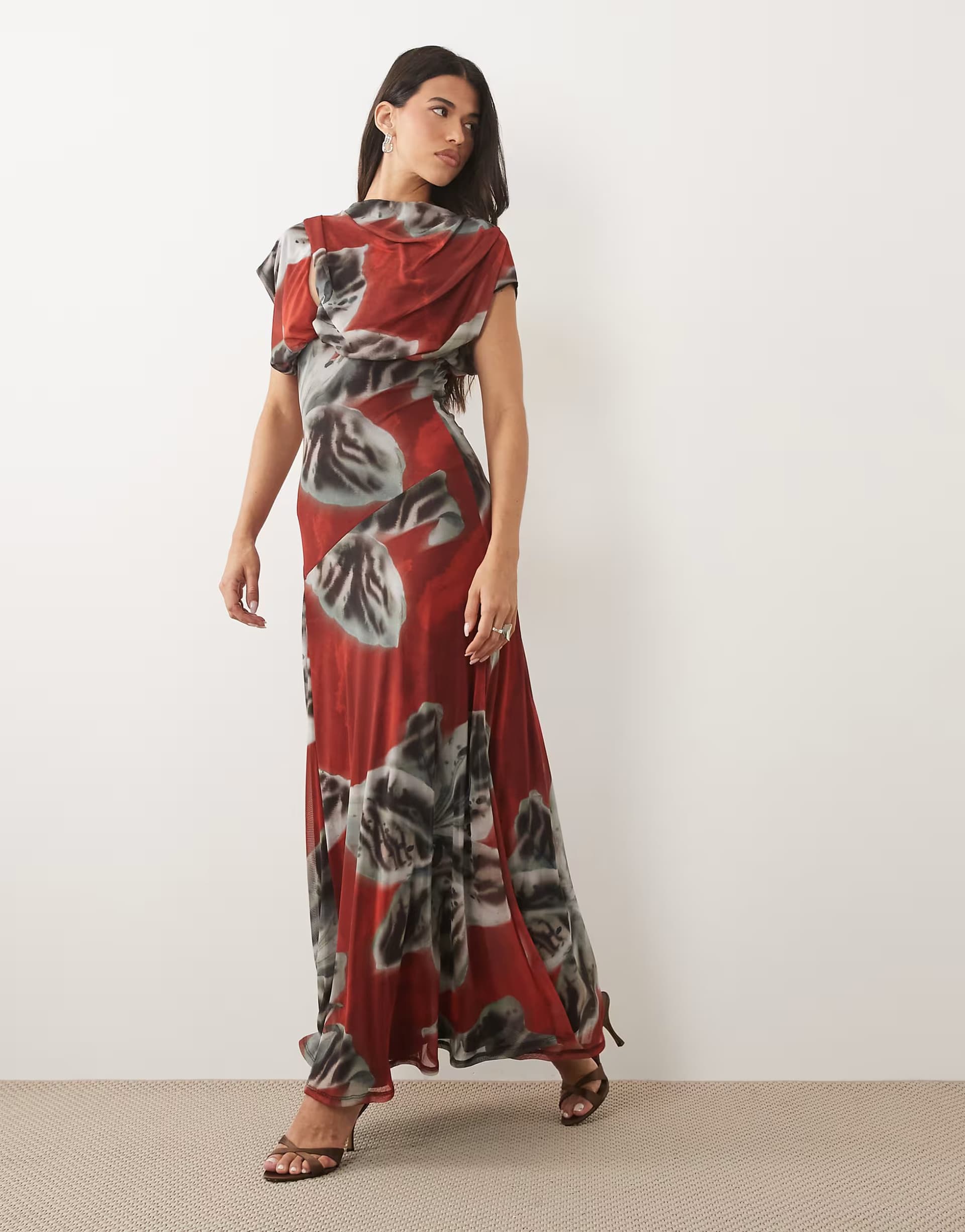 ASOS ASOS DESIGN  printed mesh draped blouson maxi dress in red floral