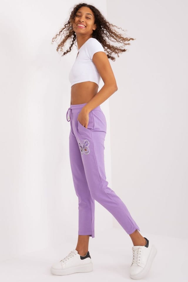 Love Lace Love Lace Women's Rhinestone Butterfly High Waist Cotton Sweatpants in Violet - 2