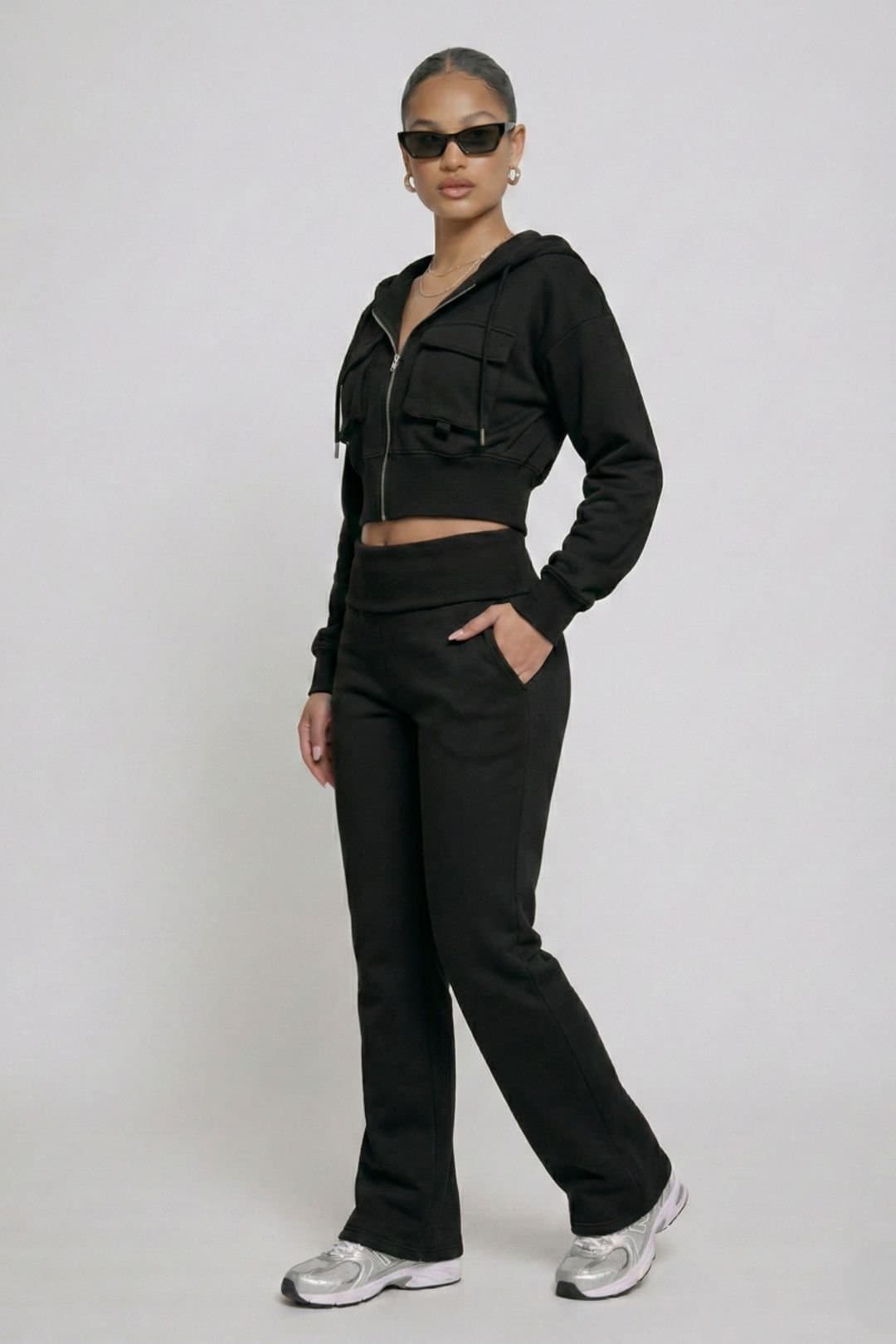 STYLEWISE STYLEWISE Women's Hooded Top & Fold Over Waist Trouser Fleece Co-ord Set in Black